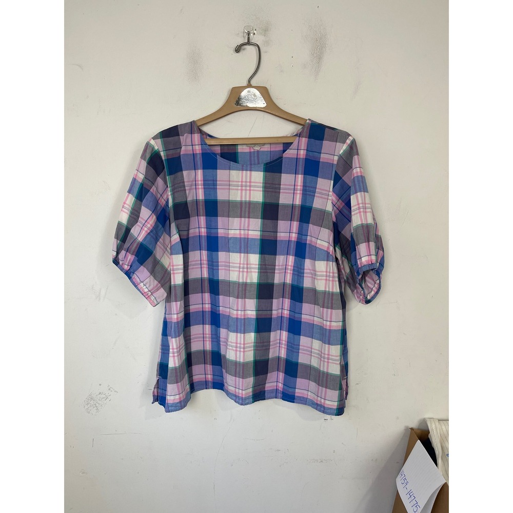 Talbots Womens‎ XL Pink Blue Plaid Cotton Puff Sleeve Blouse Top Scoop Neck